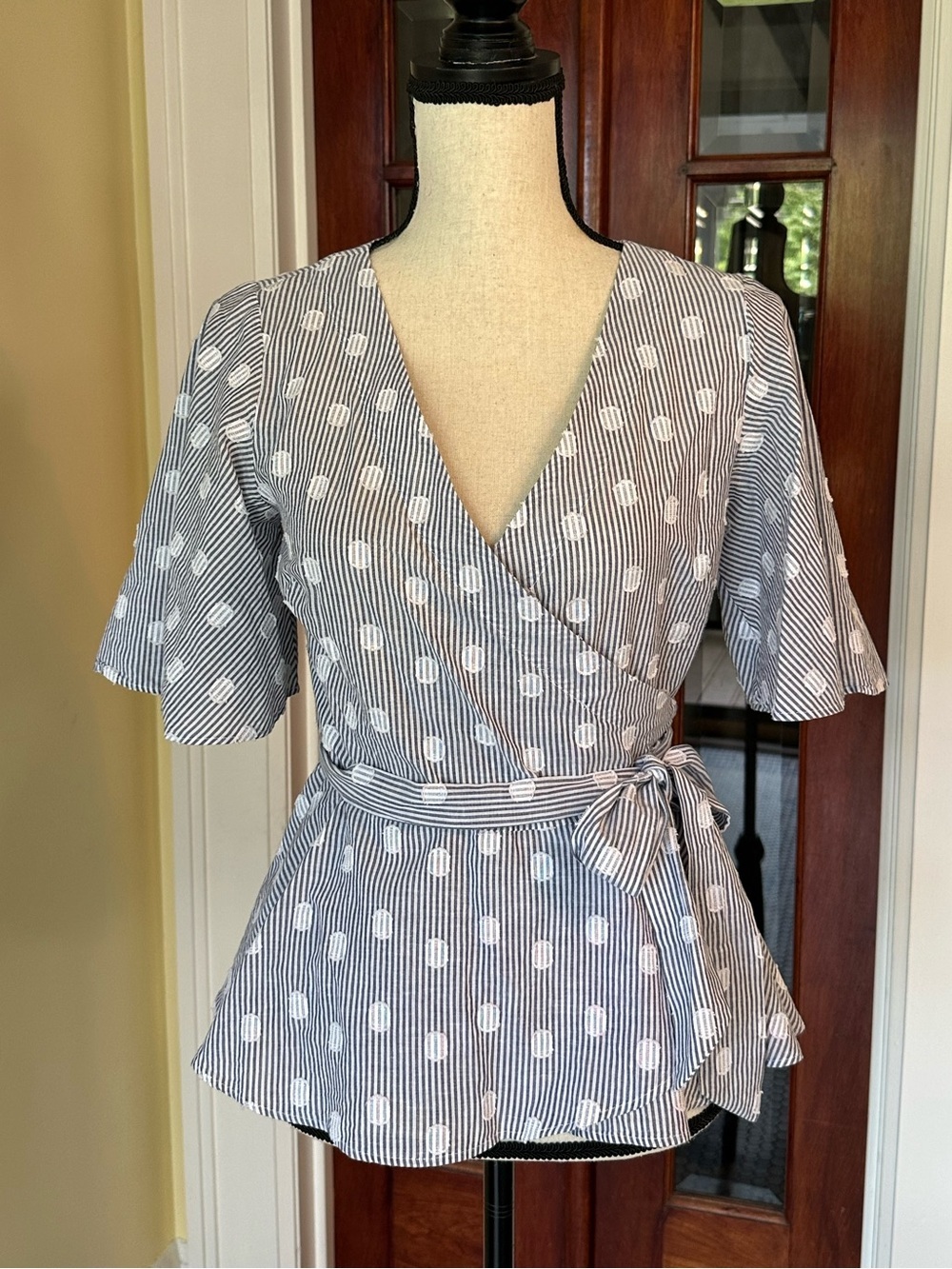 LOFT | Striped Polka Dot Wrap Blouse Flutter Sleeve Peplum, Size XS, NWT